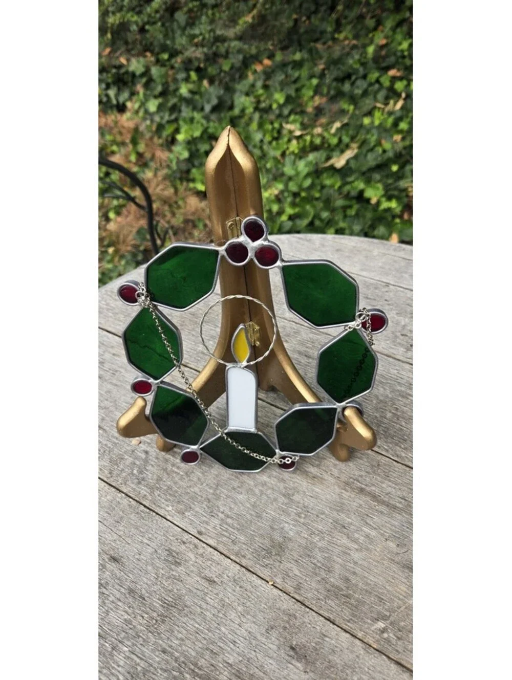 Vintage Stained Leaded Glass Christmas Holly Wreath & Candle Suncatcher 7X7